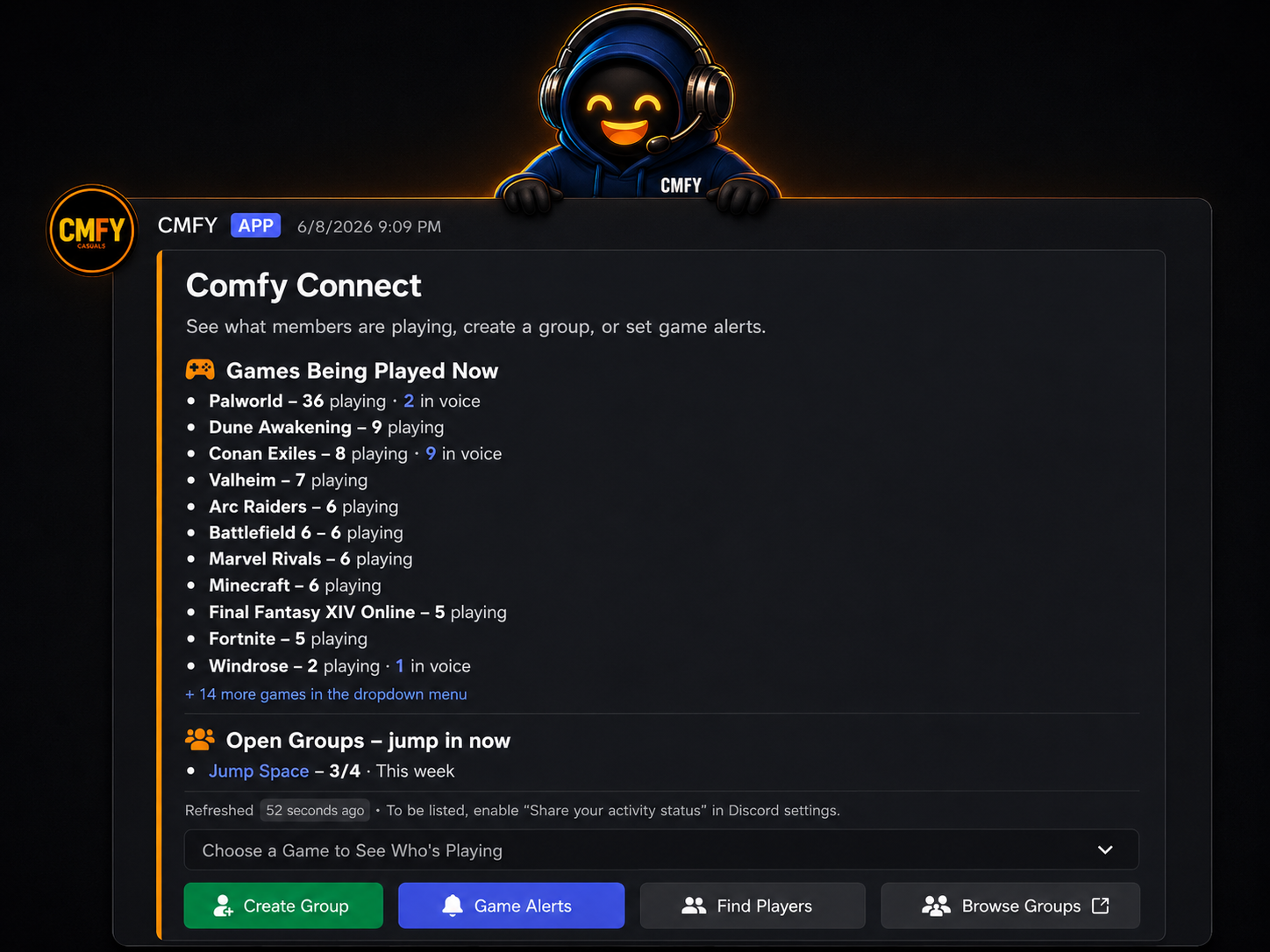 CMFY character presenting an example Comfy Connect interface with games, voice activity, and an open group