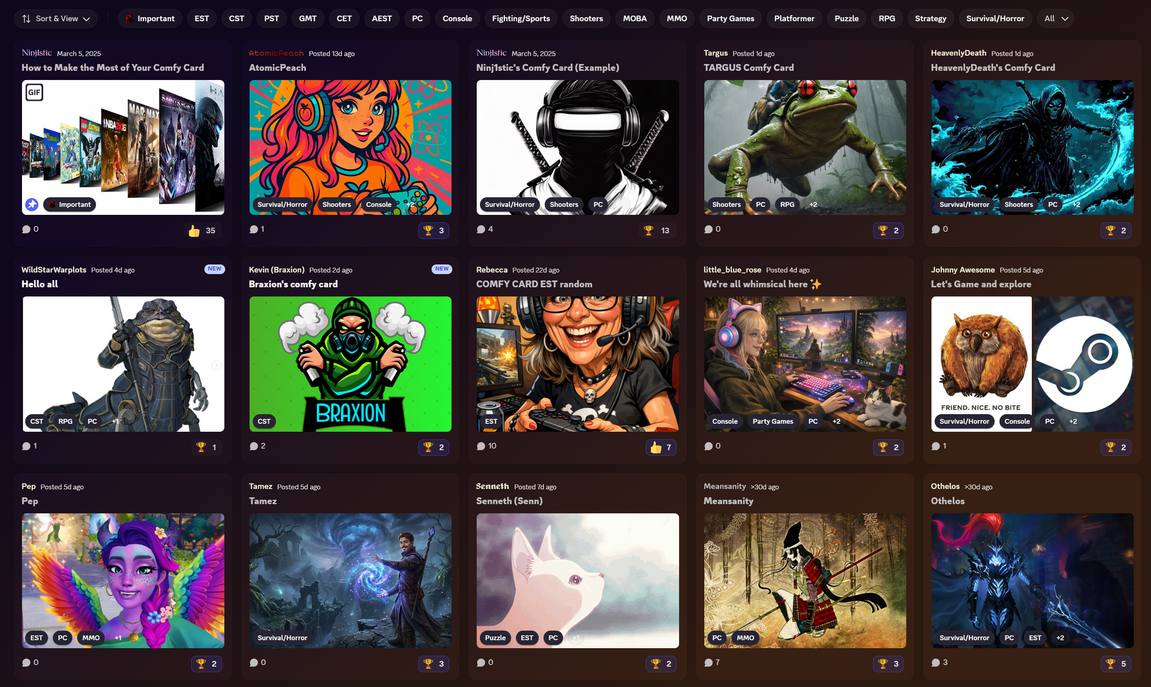 The Comfy Cards area in Discord, showing member-created profile cards with filters for time zones, platforms and game genres.