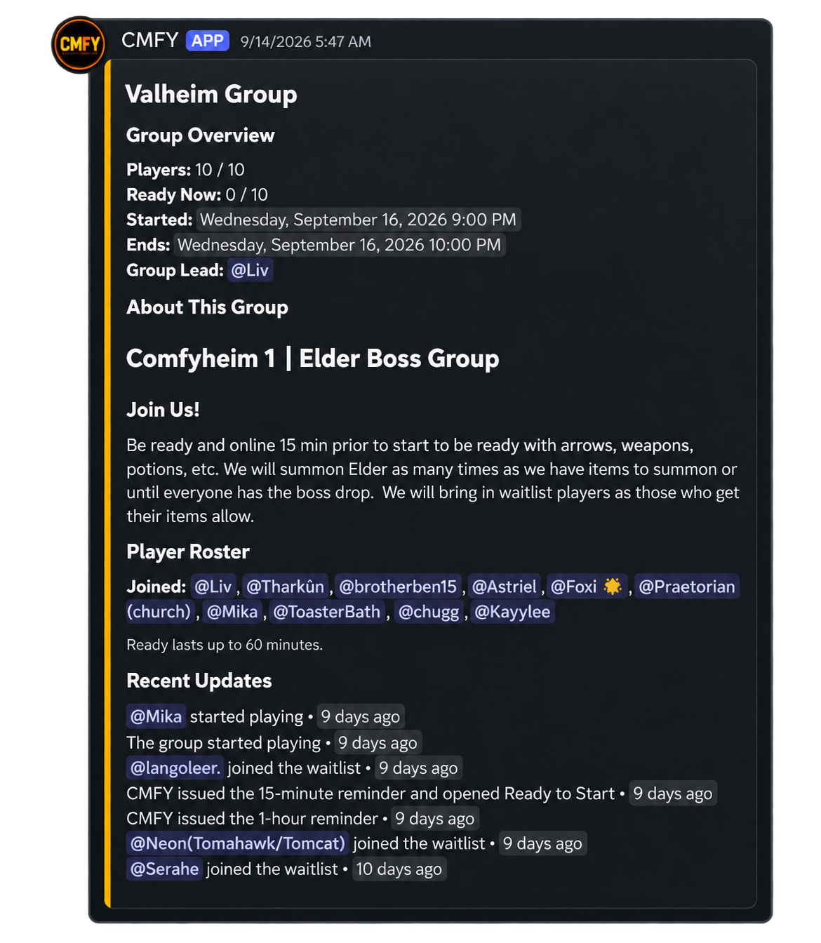 A restyled Valheim LFG post for an Elder boss run, showing the schedule, group lead, player roster and recent updates, including waitlist activity and reminder messages.
